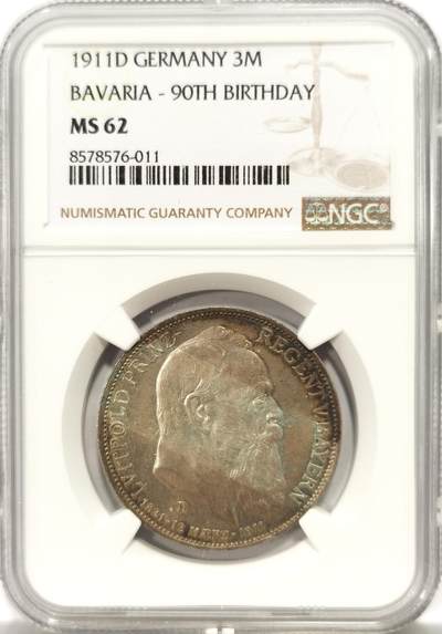 博洋堂世界钱币拍卖第137期（全场包邮） - NGC MS62 德国巴伐利亚1911年柳特波德3马克银币 原盒带彩