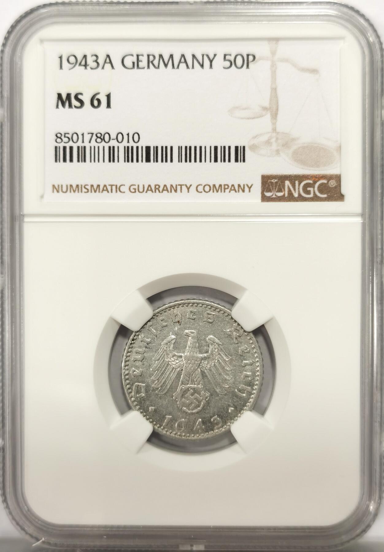博洋堂世界钱币拍卖第137期（全场包邮） NGC MS61 德国第三帝国1943年50芬尼铝币