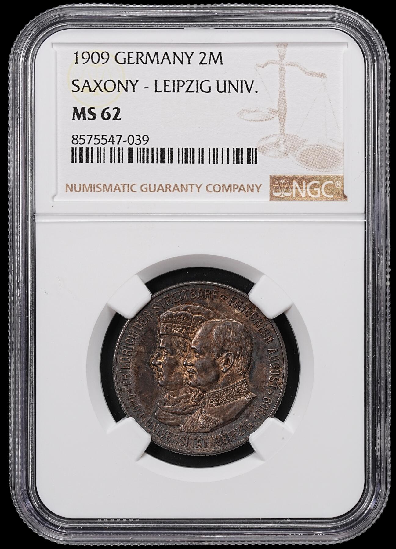 修遠堂世界钱币第八十三期 NGC MS62 1909年萨克森-莱比锡大学500周年纪念2马克银币 重酱黑彩