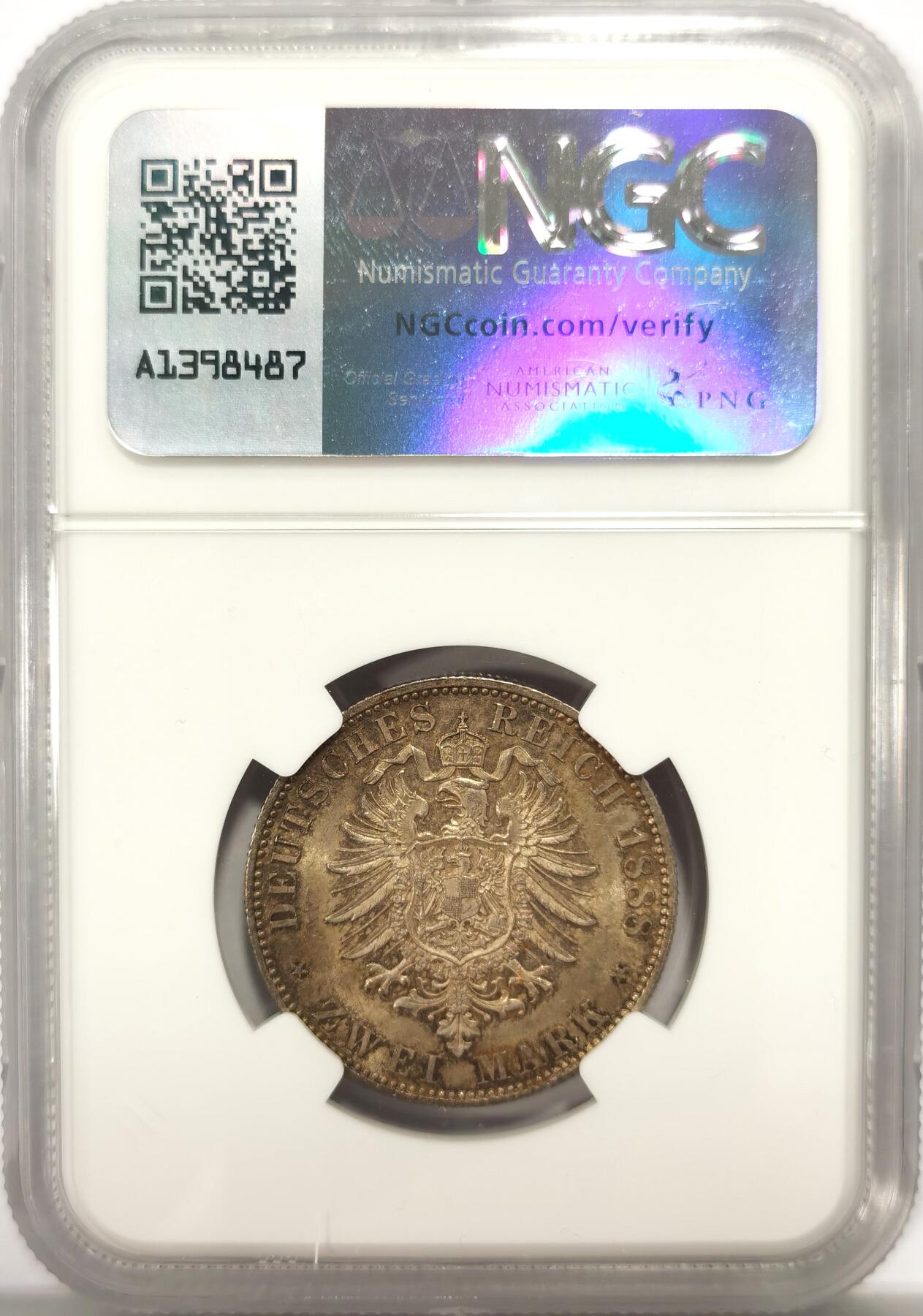 博洋堂世界钱币拍卖第137期（全场包邮） NGC MS63 德国普鲁士1888年弗里德里希三世短翅鹰流通2马克银币，黄金彩！