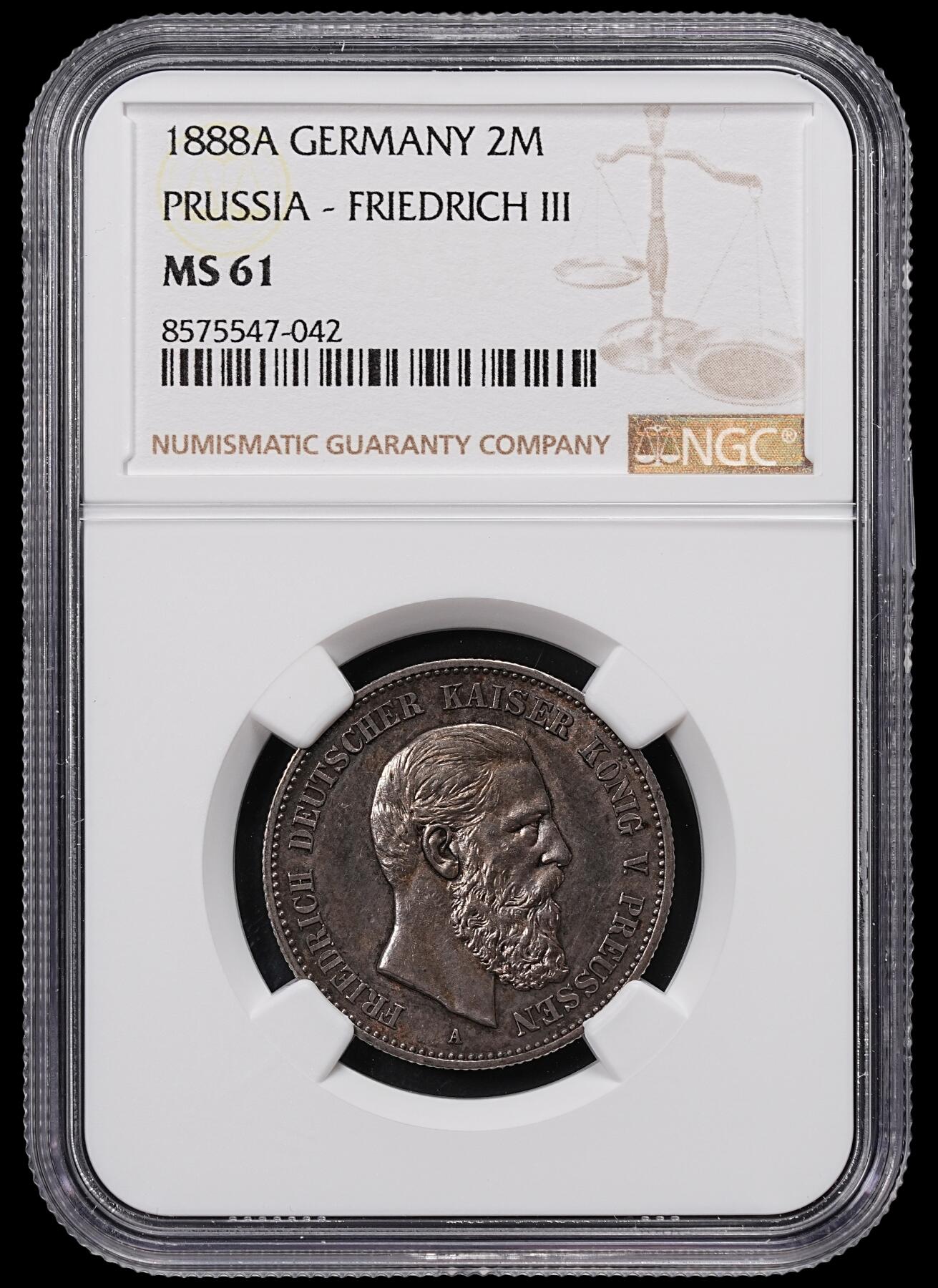 修遠堂世界钱币第八十三期 NGC MS61 1888年普鲁士2马克银币 腓特烈三世 重包浆