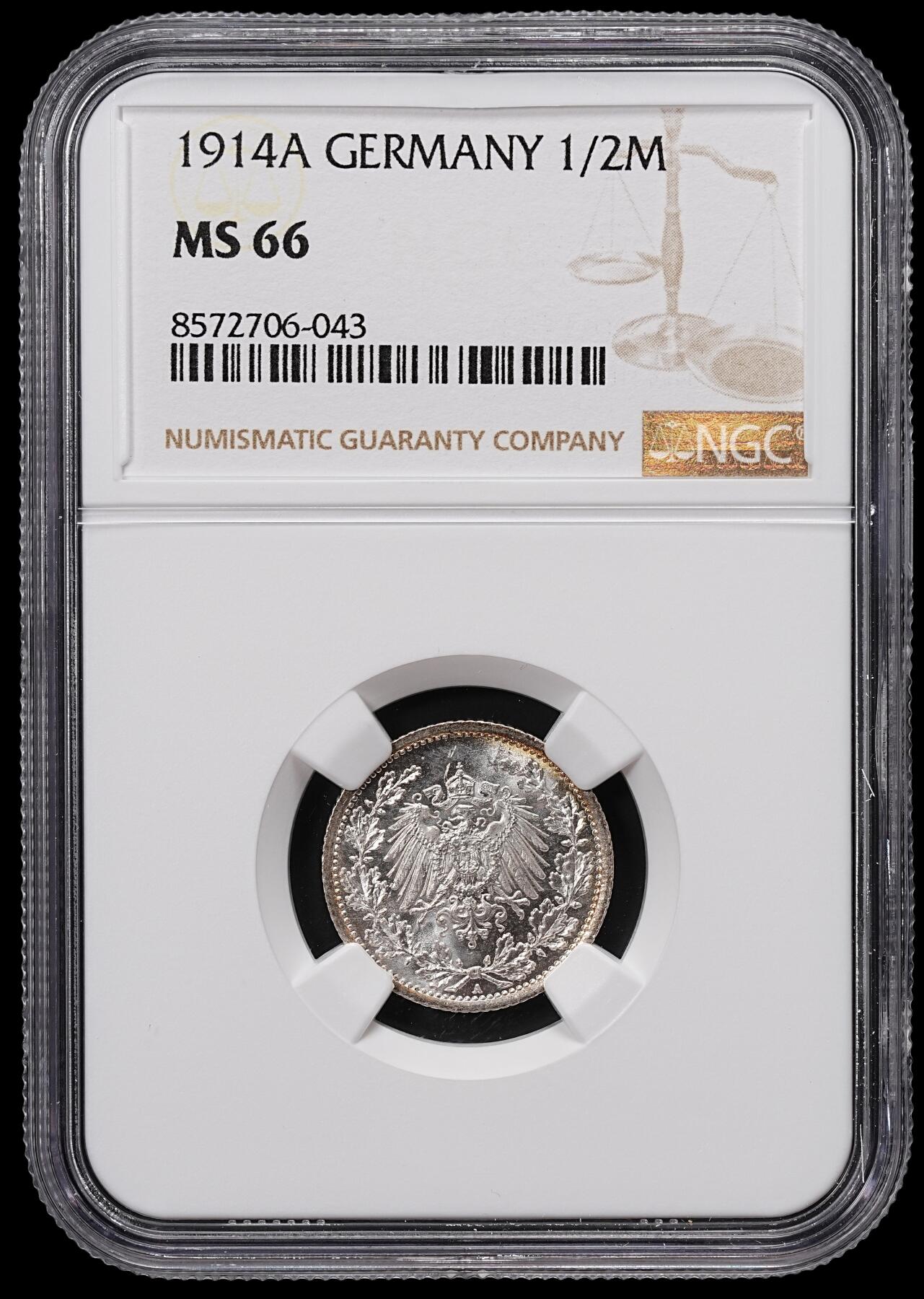 修遠堂世界钱币第八十三期 NGC MS66 1914年德国1/2马克银币 A厂铭