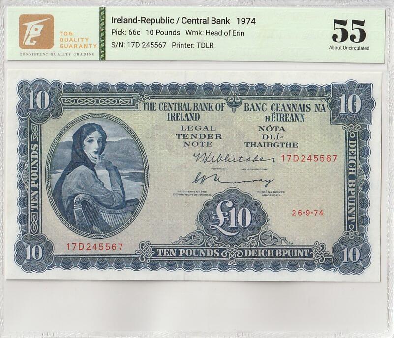 2025九月第一期（总第191期） 爱尔兰1974年10镑TQG55分，爱尔兰人格化象征“拉维利夫人”，稀有的中高面值