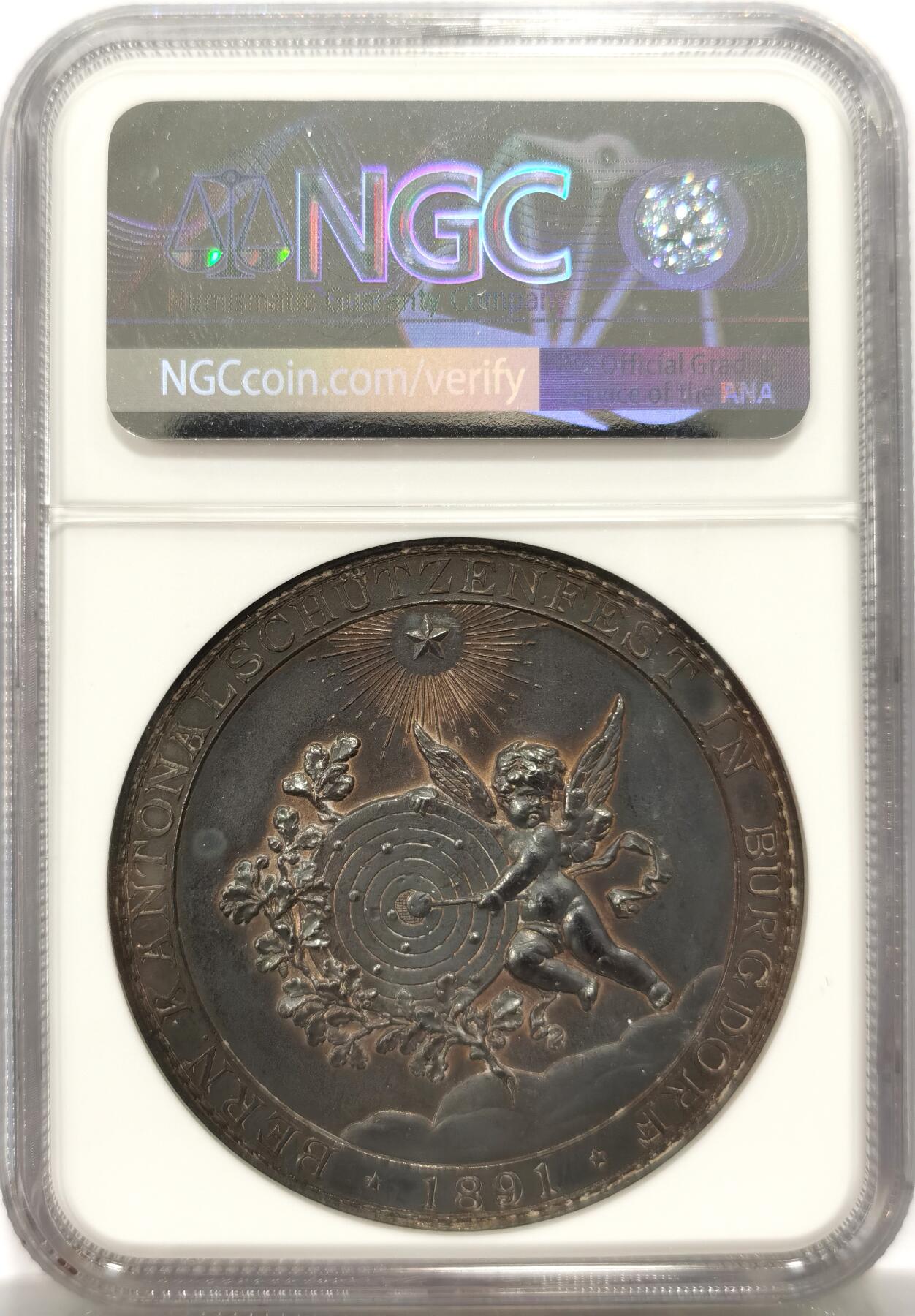 博洋堂世界钱币拍卖第137期（全场包邮） NGC UNC 瑞士1891年伯格道夫射击节纪念银章 发行量250枚 人物细节高点极佳，深紫色包浆 没出分实属可惜