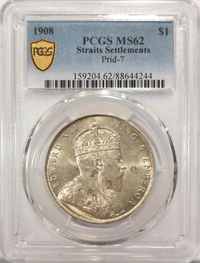 博洋堂世界钱币拍卖第137期（全场包邮） - PCGS MS62 大海峡一元1908年名誉品！更高分只有14枚，ms级别极其稀有的品种！62分外拍成交价1千多美金，63分暴涨到6000美金的好东西！