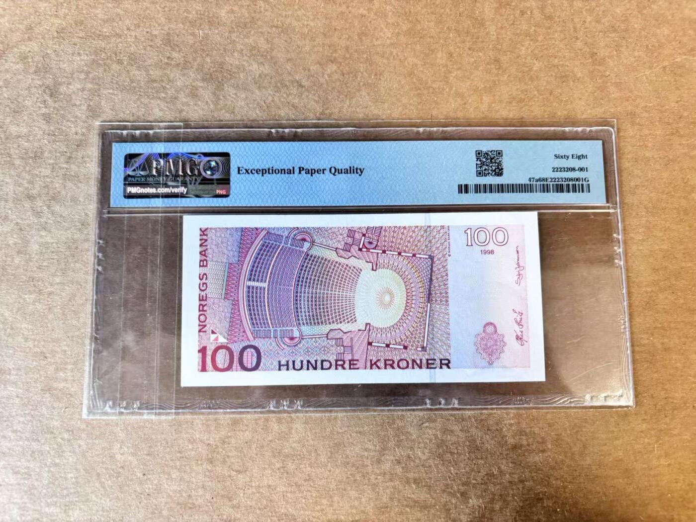 【Blue Auction】世界纸币精拍第720期——18级TOP拍卖/信誉/品质/专业/高效💫 【a版】挪威 1995-98年100克朗 PMG68EPQ 超高分
