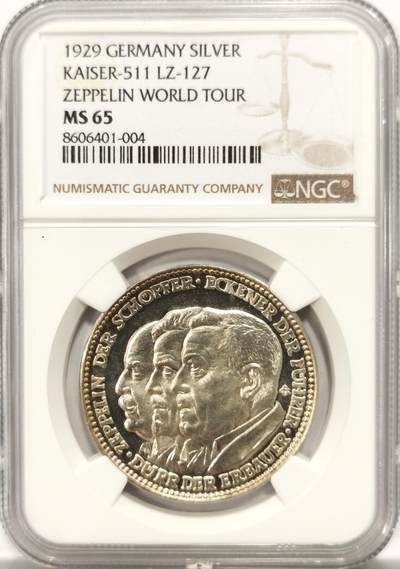 博洋堂世界钱币拍卖第137期（全场包邮） - NGC MS65 德国1929年齐柏林飞艇环球飞行纪念大型银章。正面魏玛共和三巨头，反面环球世界图样，强烈的精制感！