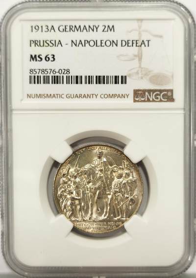博洋堂世界钱币拍卖第137期（全场包邮） - NGC MS63 德国普鲁士1913年战胜拿破仑纪念2马克银币 转光明显