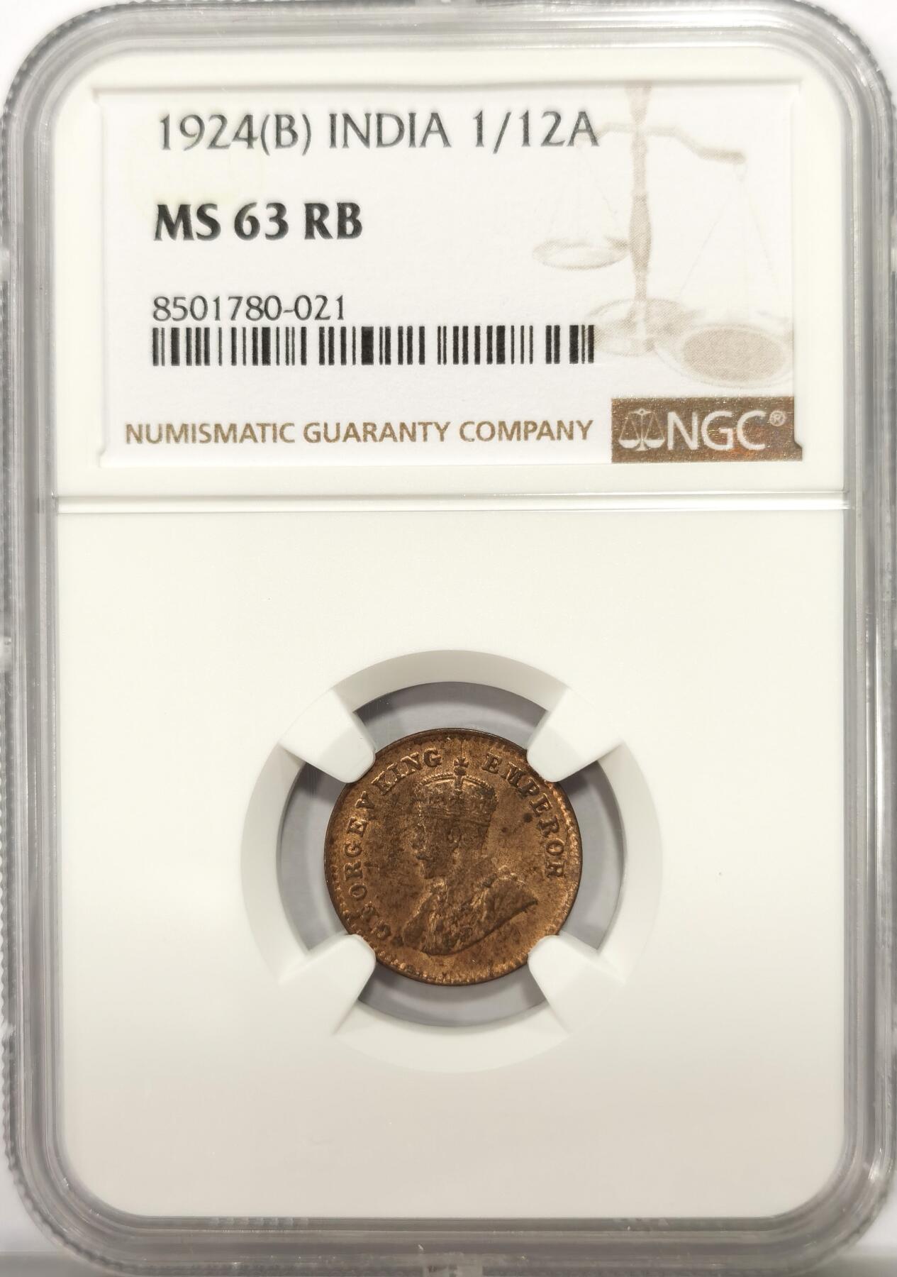 博洋堂世界钱币拍卖第137期（全场包邮） NGC MS63RB 英属印度1924年1/12安娜铜币