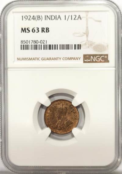 博洋堂世界钱币拍卖第137期（全场包邮） - NGC MS63RB 英属印度1924年1/12安娜铜币