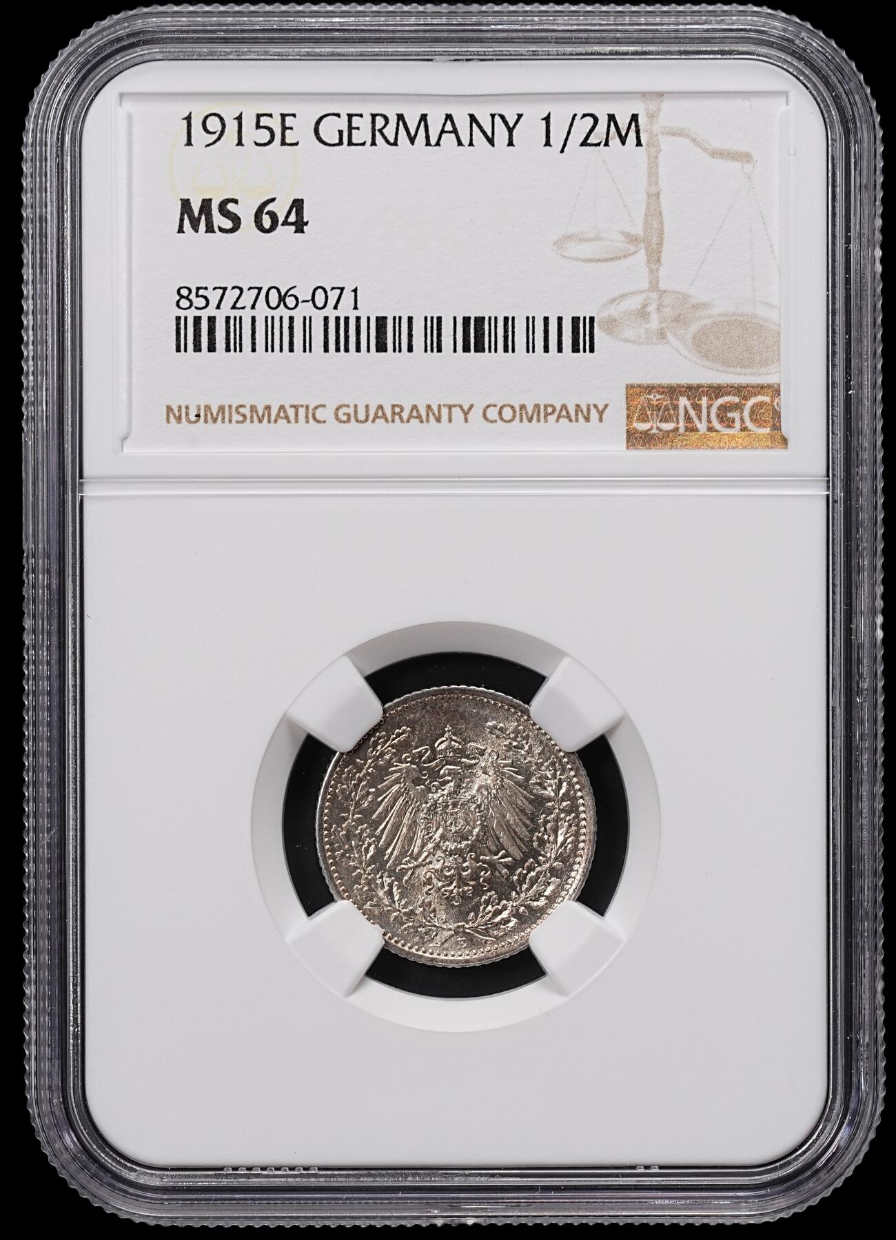 修遠堂世界钱币第八十三期 NGC MS64 1915年德国1/2马克银币 E厂铭