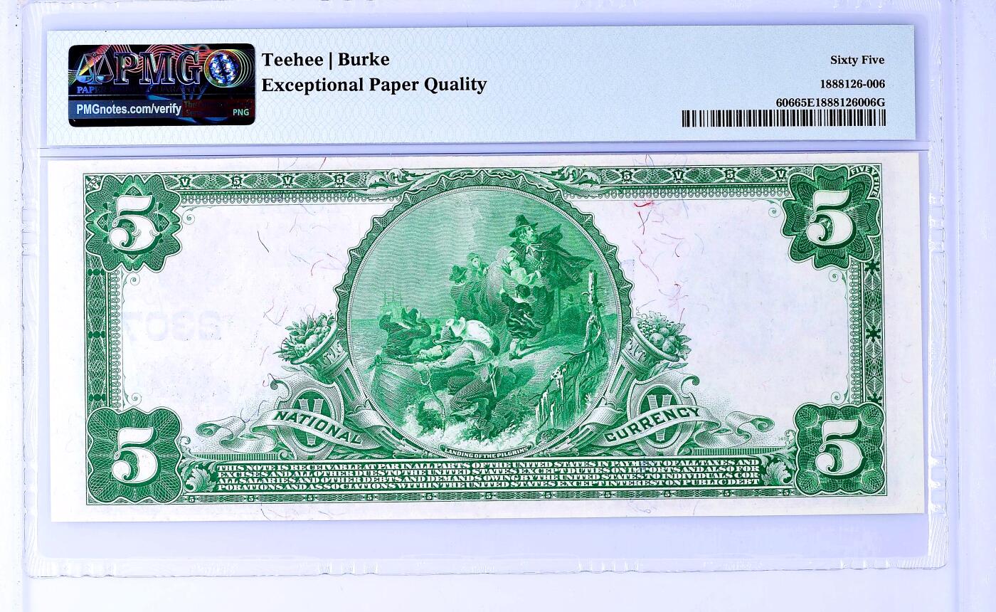 【Blue Auction】世界纸币精拍第720期——18级TOP拍卖/信誉/品质/专业/高效💫 【亚军分 仅2张更高分 Ch# 2307该银行存世的最佳品相 少见fr】美国 荷华州首府得梅因 1902年 5美金 外观看着非常崭新油墨佳 极强视觉吸引力 背面经典油画《Landing of the Pilgrims》（朝圣者登陆）设计精美 美国第23任美国总统本杰明·哈里森 大胡子雕刻佳 PMG63EPQ 全新原票 值得收藏 