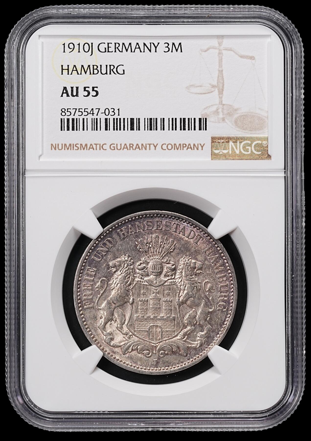 修遠堂世界钱币第八十三期 NGC AU55 1910年汉堡3马克银币