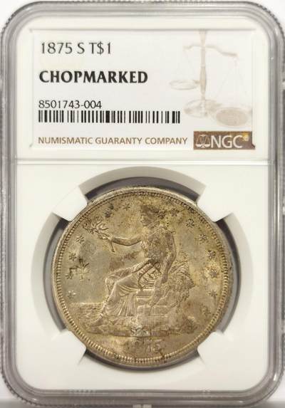 博洋堂世界钱币拍卖第137期（全场包邮） - NGC CHOPMARKED 美国贸易银1875s UNC品相，“和”等几个清晰戳记，作为早期在华流通银币，戳记清晰底板完美的少见。