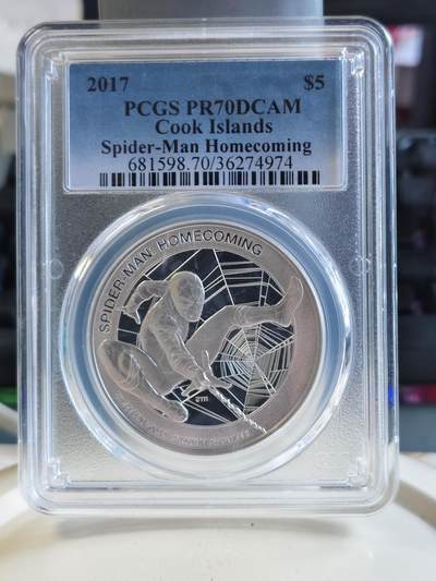 第174期拍卖【长期征集拍品】 - 库克2017电影蜘蛛侠回归1盎司银币PCGS-PR70，999银，发行5000枚