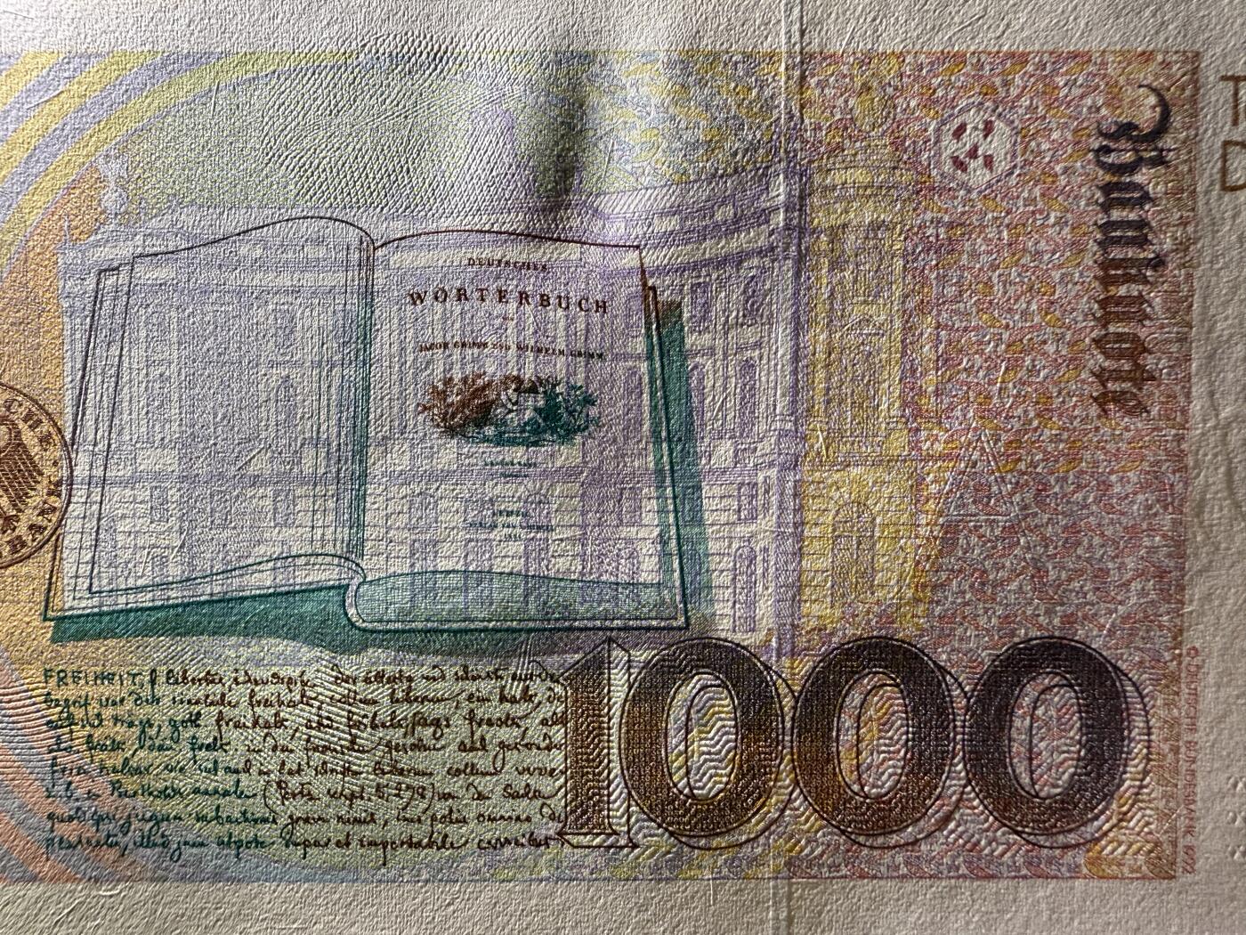 《艾美收藏》第211期-9.6周六外币精品场 德国1000马克 UNC 1991年 德国童话大师格林兄弟 背面顶部有一处轻微荧光 无4