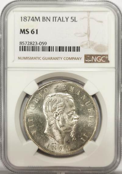 博洋堂世界钱币拍卖第137期（全场包邮） - NGC MS61 意大利1874年伊曼纽尔二世5里拉大银  原光 未流通品质 本土热门品种