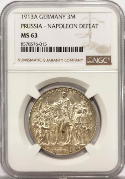 博洋堂世界钱币拍卖第137期（全场包邮） - NGC MS63 德国普鲁士1913年战胜拿破仑纪念3马克银币 原光带彩