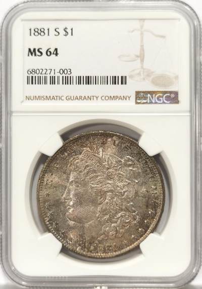 博洋堂世界钱币拍卖第137期（全场包邮） - 1881年美国摩根银币S版NGC-MS64，原汁原味老包浆，包浆醇厚浓郁，打制深峻，味道币味道足，五彩包浆锋利感十足，状态极佳。