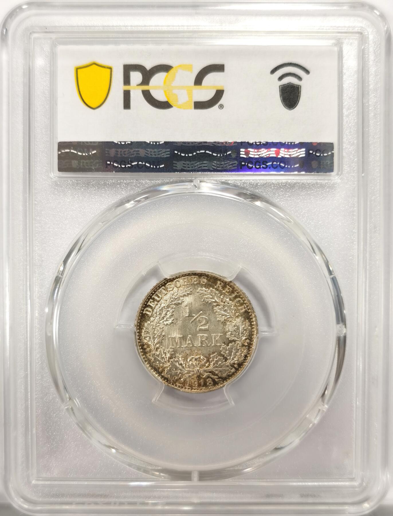 博洋堂世界钱币拍卖第137期（全场包邮） PCGS MS67 德国第二帝国1918年流通1/2马克银币，黄金彩，超高分！
