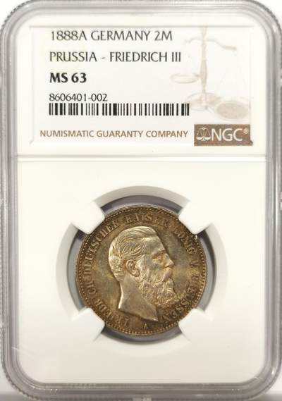 博洋堂世界钱币拍卖第137期（全场包邮） - NGC MS63 德国普鲁士1888年弗里德里希三世短翅鹰流通2马克银币，黄金彩！