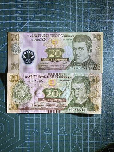 【炜奕收藏】，第四十三期 两张不同版本洪都拉斯20伦皮拉，UNC品相