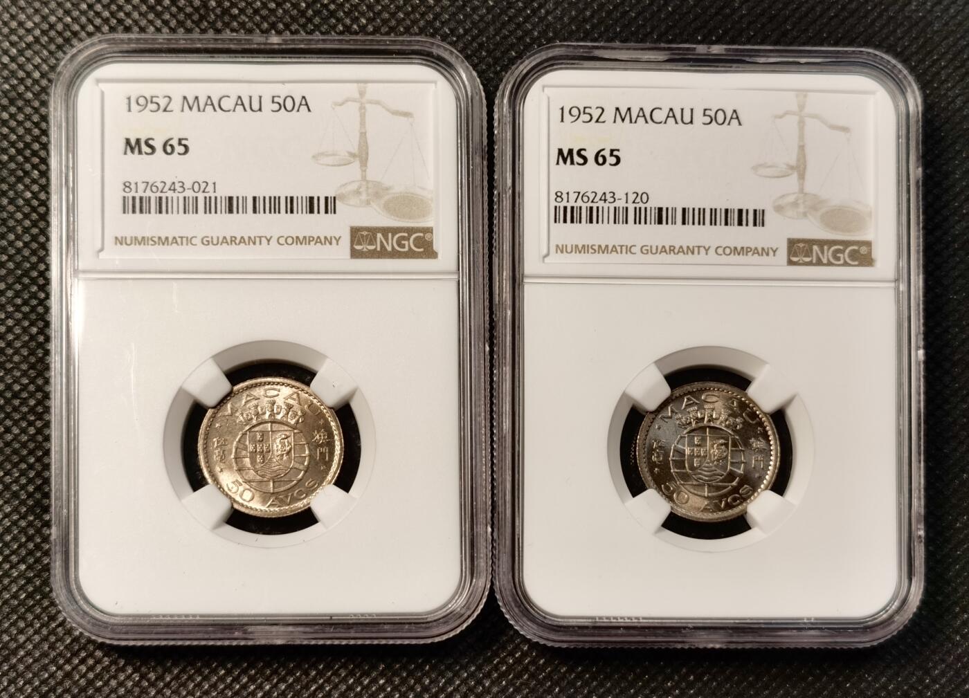 甄臻铺-世界币章拍卖（第32期），送拍享返佣金等优惠多多 NGC-MS65 1952年澳门50分，卷拆高分，2枚一组