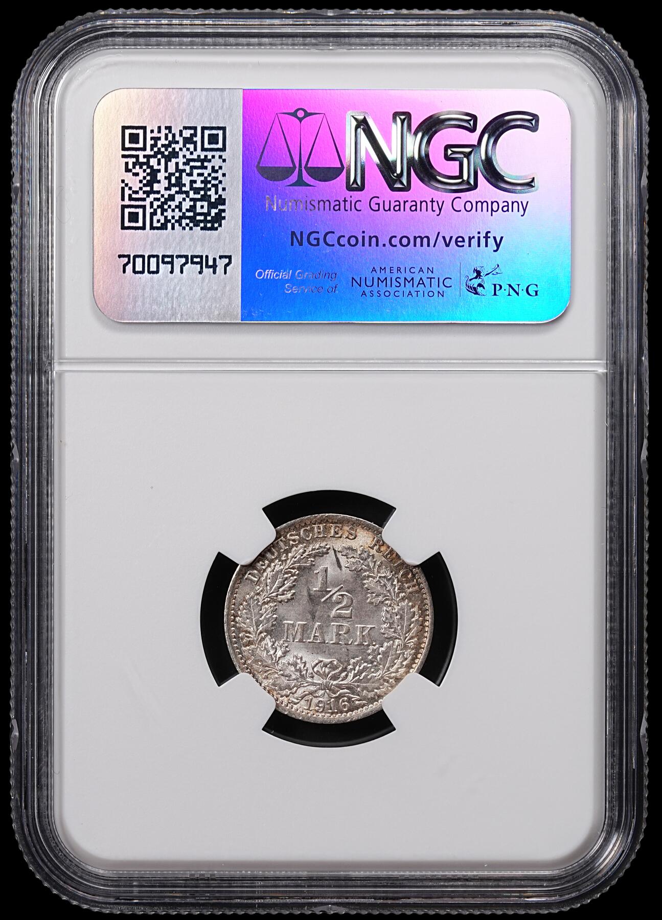 修遠堂世界钱币第八十三期 NGC MS65 1916年德国1/2马克银币 A厂铭