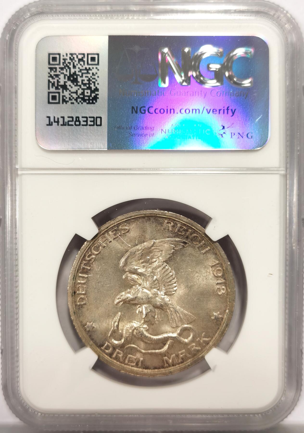 博洋堂世界钱币拍卖第137期（全场包邮） NGC MS63 德国普鲁士1913年战胜拿破仑纪念3马克银币 原光带彩
