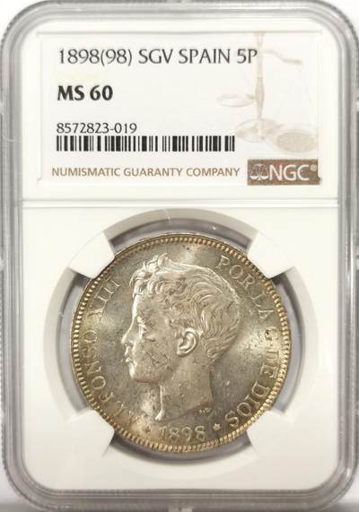 博洋堂世界钱币拍卖第137期（全场包邮） - NGC MS60 西班牙1898（98）阿方索十三世5比塞塔大银 转光强烈 一面淡金环彩 背欧陆灰彩