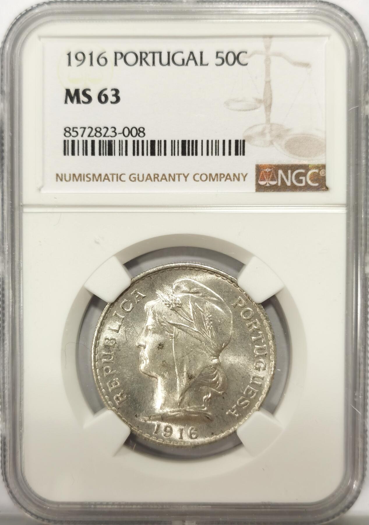博洋堂世界钱币拍卖第137期（全场包邮） NGC MS63 1916年葡萄牙50C银币