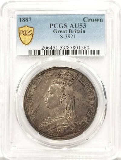 博洋堂世界钱币拍卖第137期（全场包邮） - PCGS AU53 英国1887年维多利亚1克朗马剑银币，黑彩包浆，味道一流，值得入手