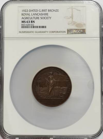 博洋堂世界钱币拍卖第137期（全场包邮） - NGC MS63 大英帝国1922年兰开夏郡农业博览会巨大铜章，高浮雕唯美女神设计让人心旷神怡。盒子正面右侧有一小磕