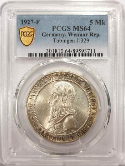 博洋堂世界钱币拍卖第137期（全场包邮） - PCGS MS64 德国魏玛1927年图宾根大学5马克银币，淡彩，状态极佳！