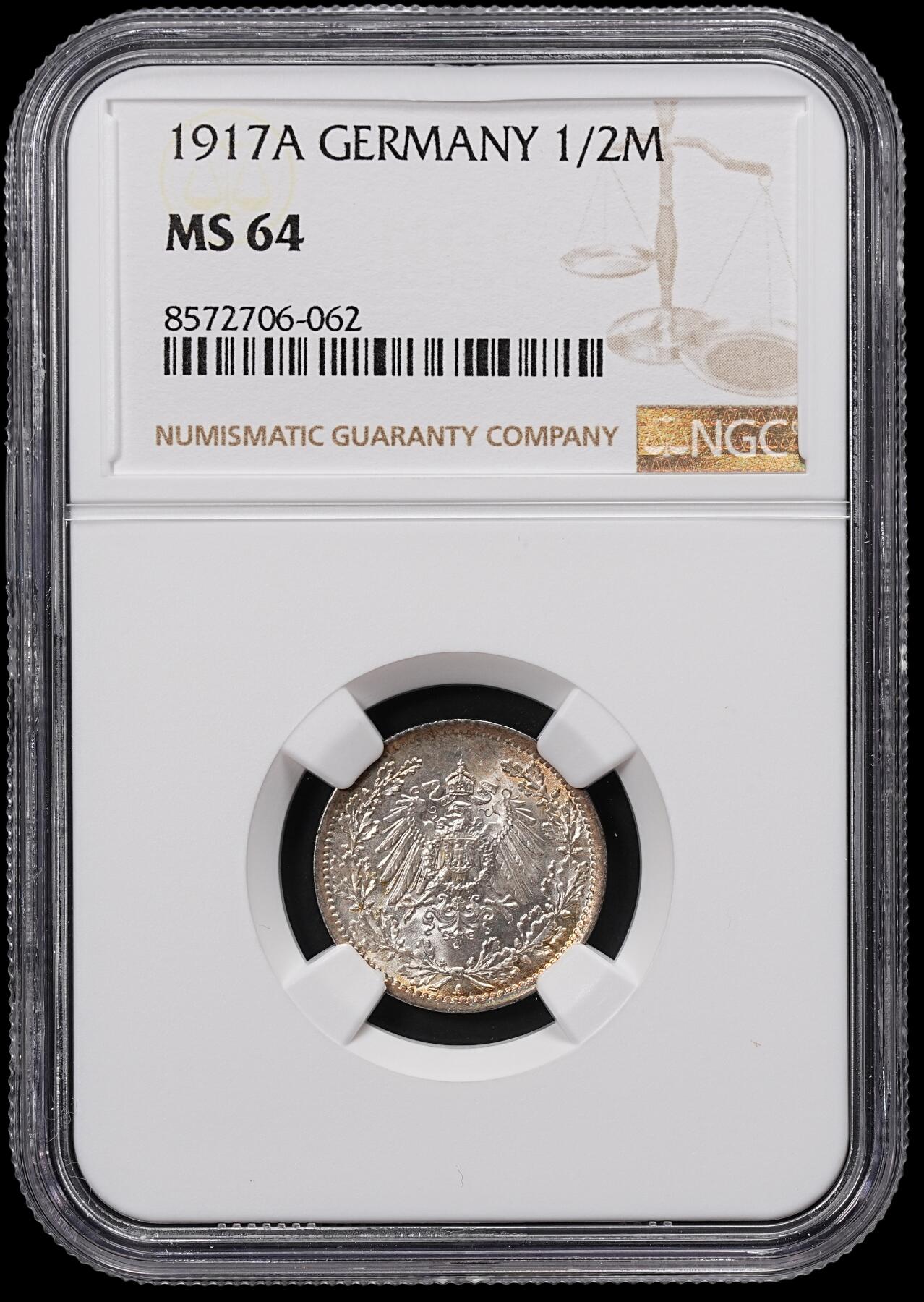修遠堂世界钱币第八十三期 NGC MS64 1917年德国1/2马克银币 A厂铭 卷首币