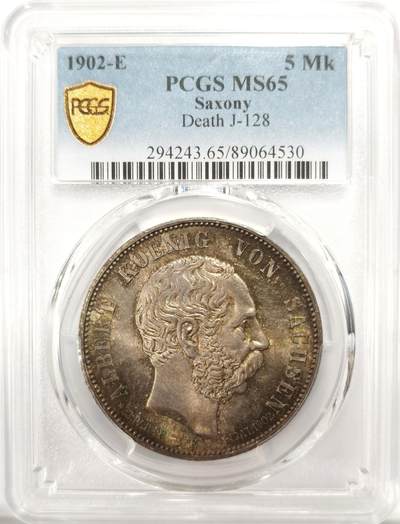 博洋堂世界钱币拍卖第137期（全场包邮） - PCGS MS65 德国萨克森1902年阿尔伯特大公逝世5马克银币，超级炫彩！