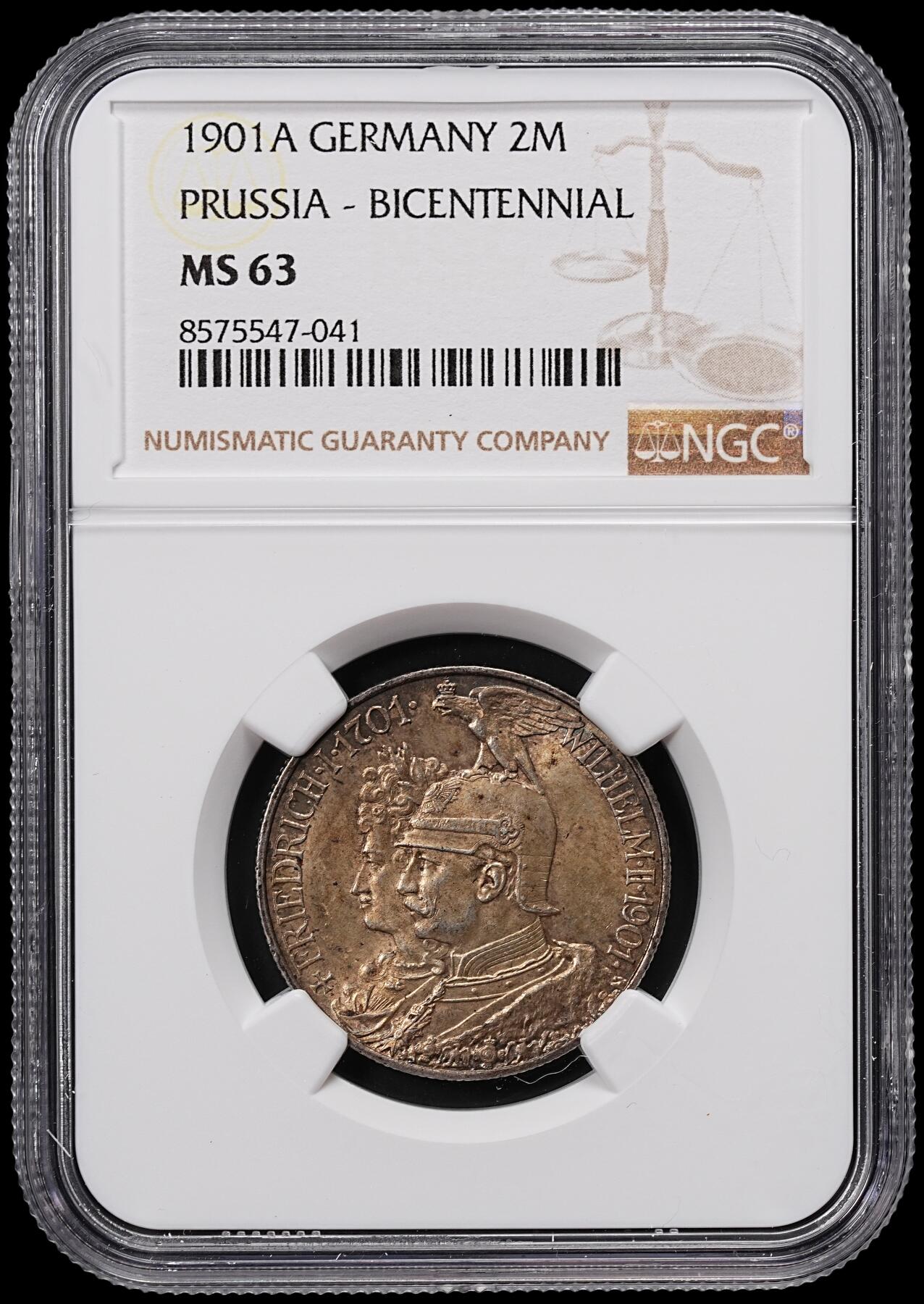 修遠堂世界钱币第八十三期 NGC MS63 1901年普鲁士建国200周年2马克银币 黄油彩