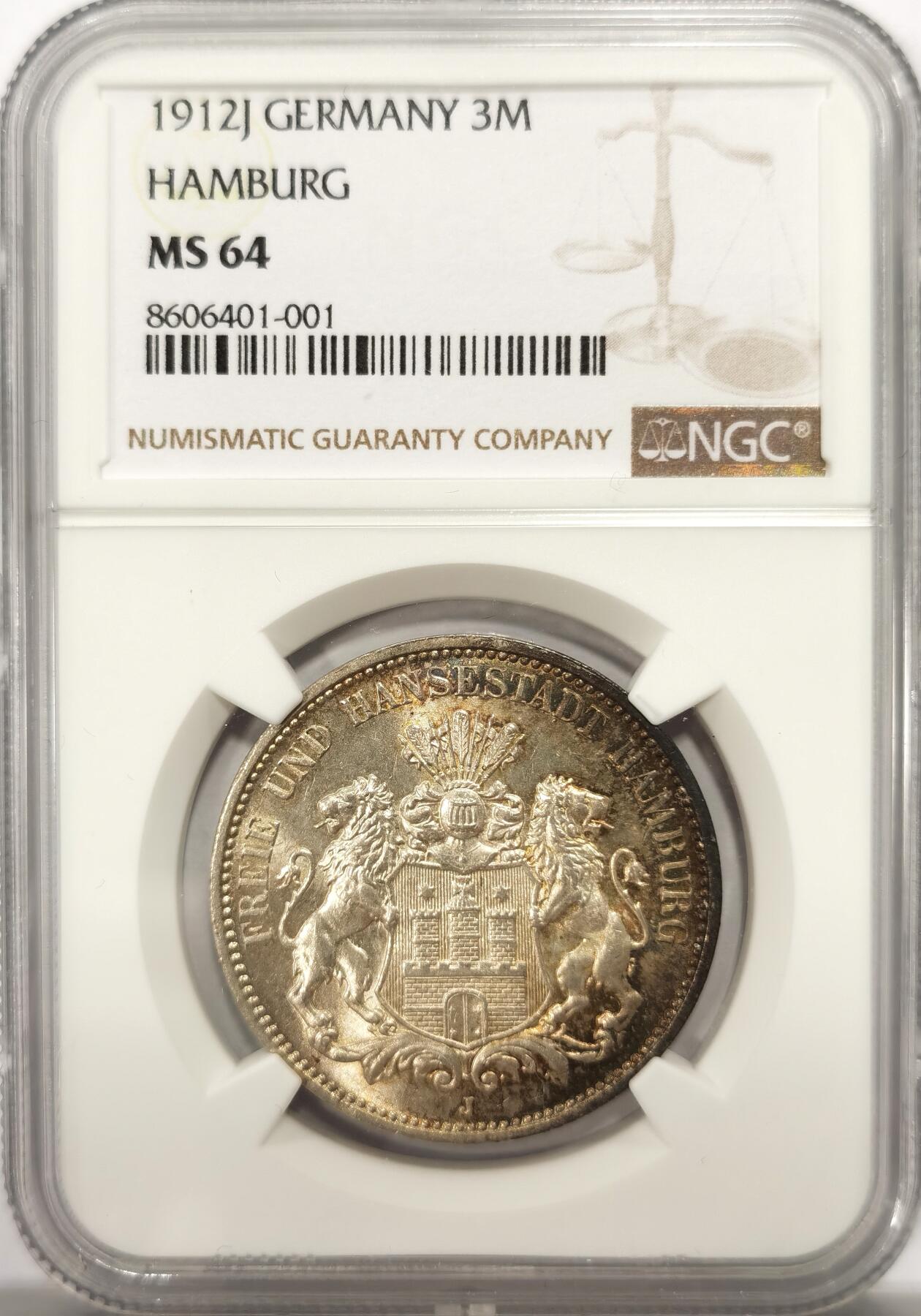 博洋堂世界钱币拍卖第137期（全场包邮） NGC MS64 德国汉堡自由市1912年流通3马克银币，环彩。