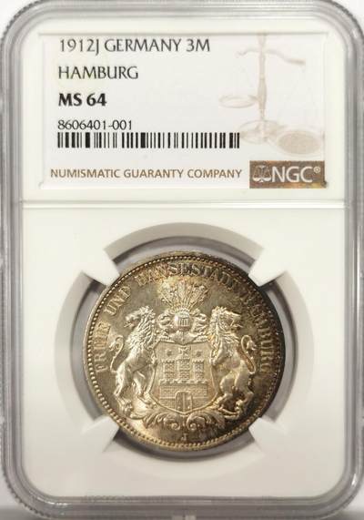 博洋堂世界钱币拍卖第137期（全场包邮） - NGC MS64 德国汉堡自由市1912年流通3马克银币，环彩。