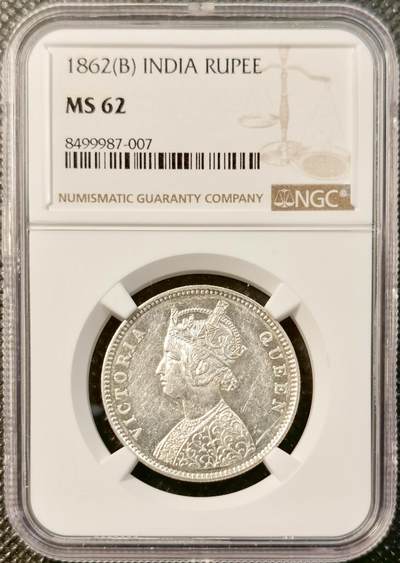 甄臻铺-世界币章拍卖（第32期），送拍享返佣金等优惠多多 - NGC-MS62 1862年英属印度小维1卢比，背面状态极好