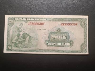2025九月第一期（总第191期） - 德国1948版20马克流通好品XF雷达号9399939，早期抬头只有“纸币”字样的版本，比后期版本更加稀有，少见中高面值，桂冠女神和打铁匠