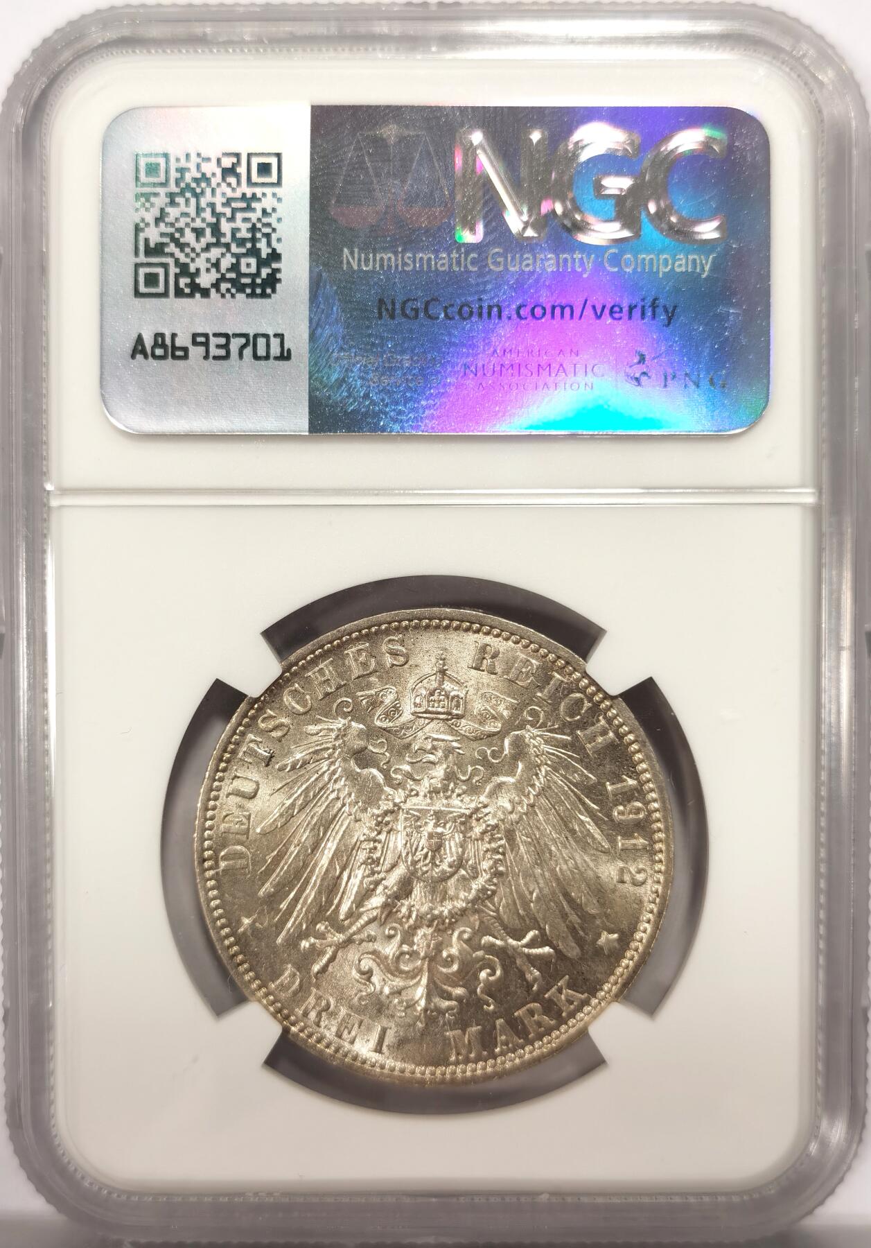 博洋堂世界钱币拍卖第137期（全场包邮） NGC MS64 德国汉堡自由市1912年流通3马克银币，环彩。