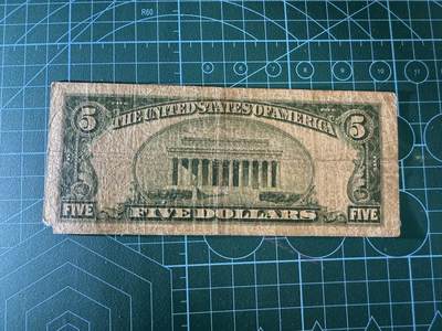 【炜奕收藏】，第四十三期 1934年5美元，流通品相，有缺角