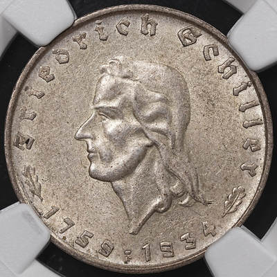 修遠堂世界钱币第八十三期 - NGC MS62 1934年德国-席勒诞辰175周年2马克银币 仅30万枚铸造量 书价高