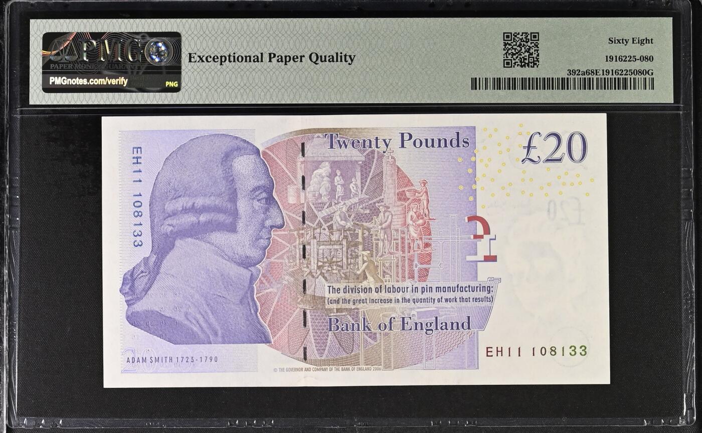 2025九月第一期（总第191期） 英格兰F序列20镑PMG68epq无47，中年女王和亚当斯密