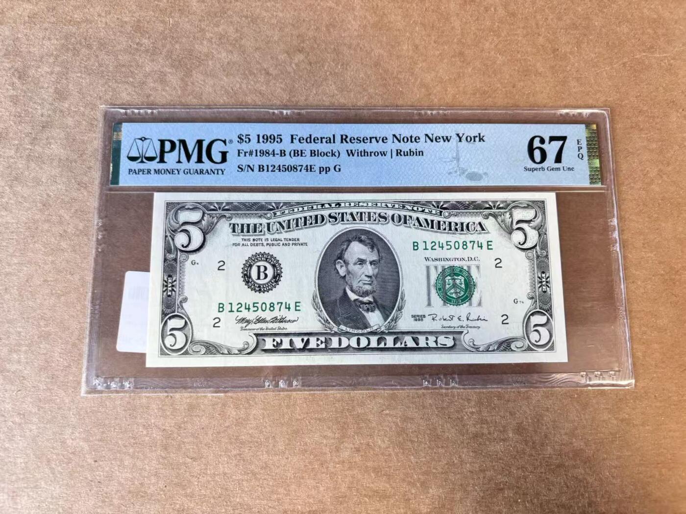 【Blue Auction】世界纸币精拍第720期——18级TOP拍卖/信誉/品质/专业/高效💫 美国 1995年5美金 PMG67EPQ 高分