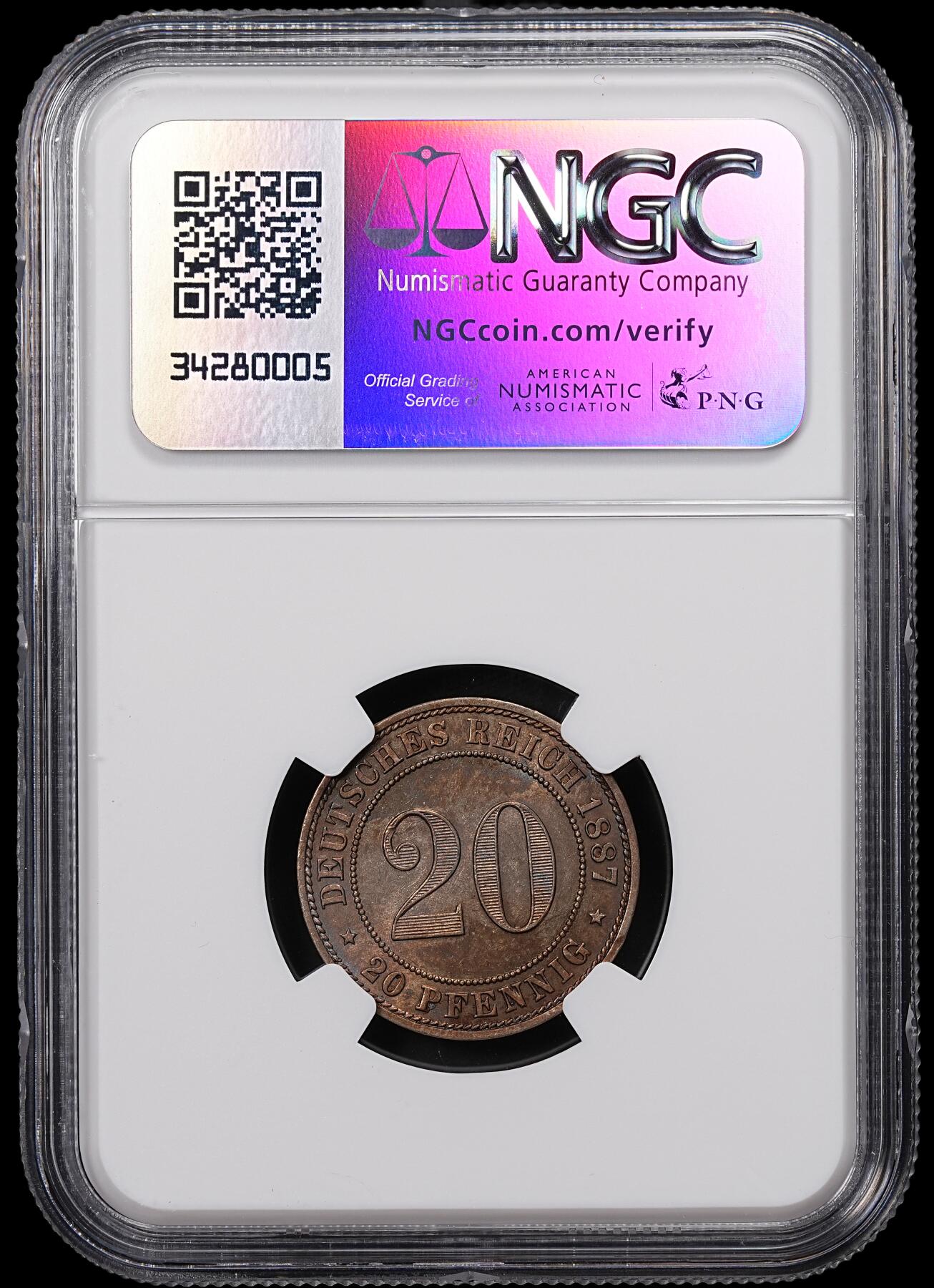修遠堂世界钱币第八十三期 NGC MS63 1887年德国20芬尼镍币 A厂铭