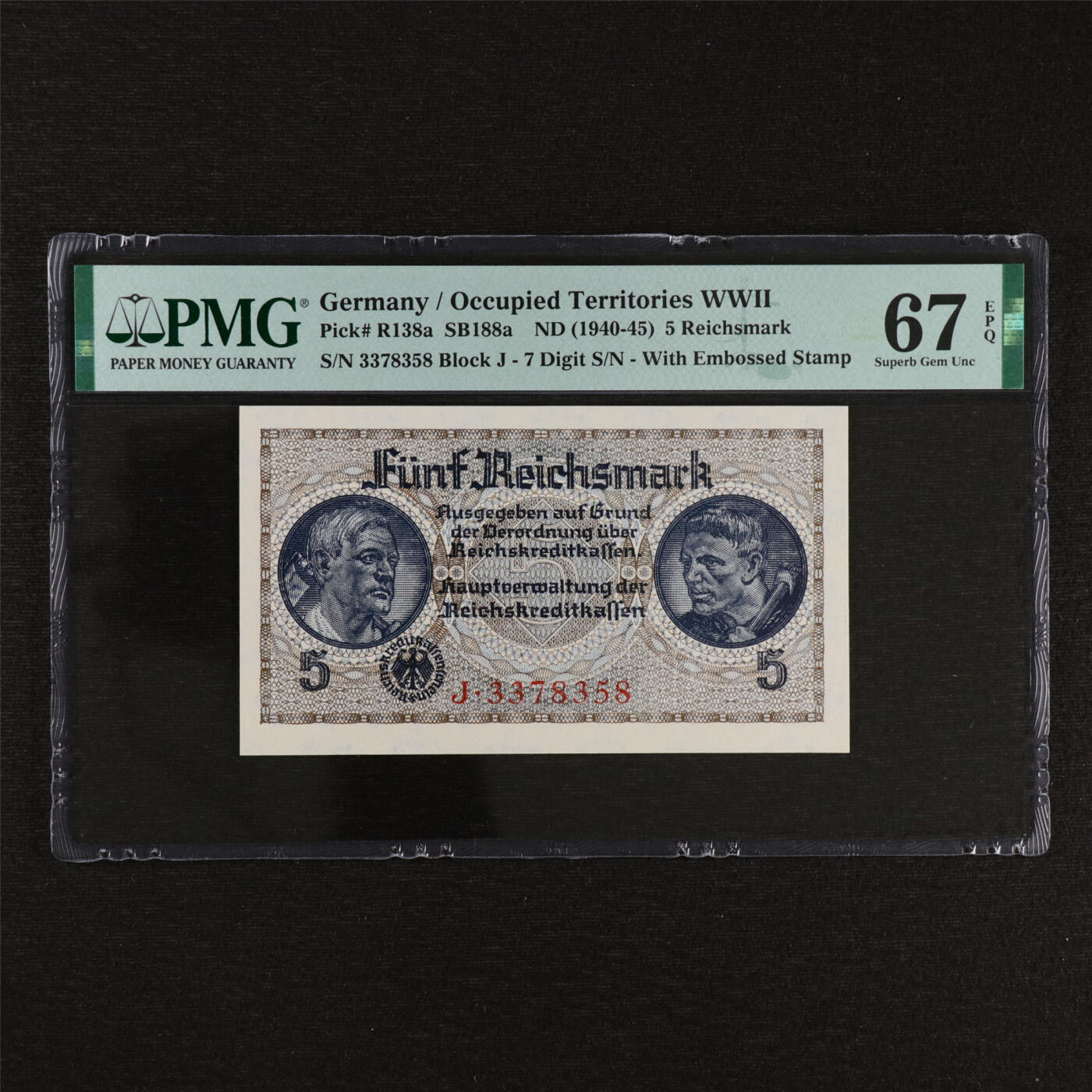 【亘邦集藏】第212期拍卖 1940-45年 德国5马克 PMG 67EPQ 3378358