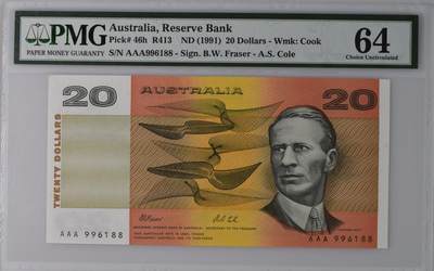 Australia, Reserve Bank, 20 Dollars R413    ND (1991) - Wmk: Cook - Australia, Reserve Bank, 20 Dollars R413    ND (1991) - Wmk: Cook