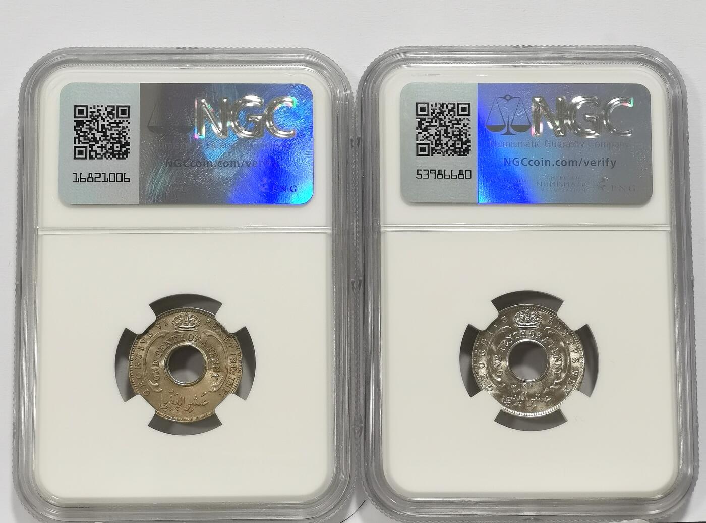 博洋堂世界钱币拍卖第137期（全场包邮） NGC MS64 英属西非1938、1950年乔治六世1/10便士不同版2枚一对